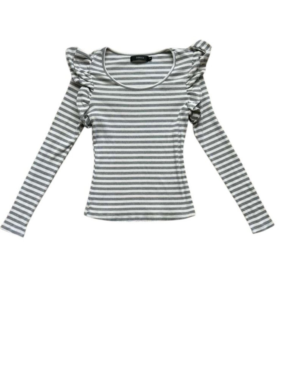 ZESICA Womens S Gray White Striped Ruffle Shoulder Long Sleeve Fitted Top.
